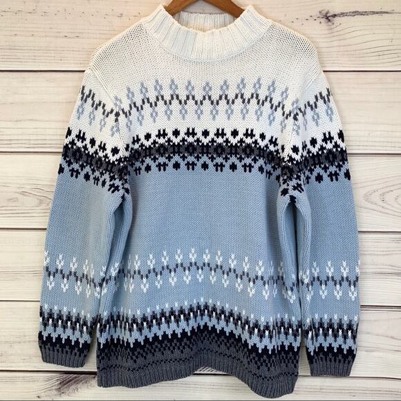 VINTAGE Liz Claiborne Chunky Fair Isle Sweater Light Blue White Cotton Blend - Picture 1 of 8
